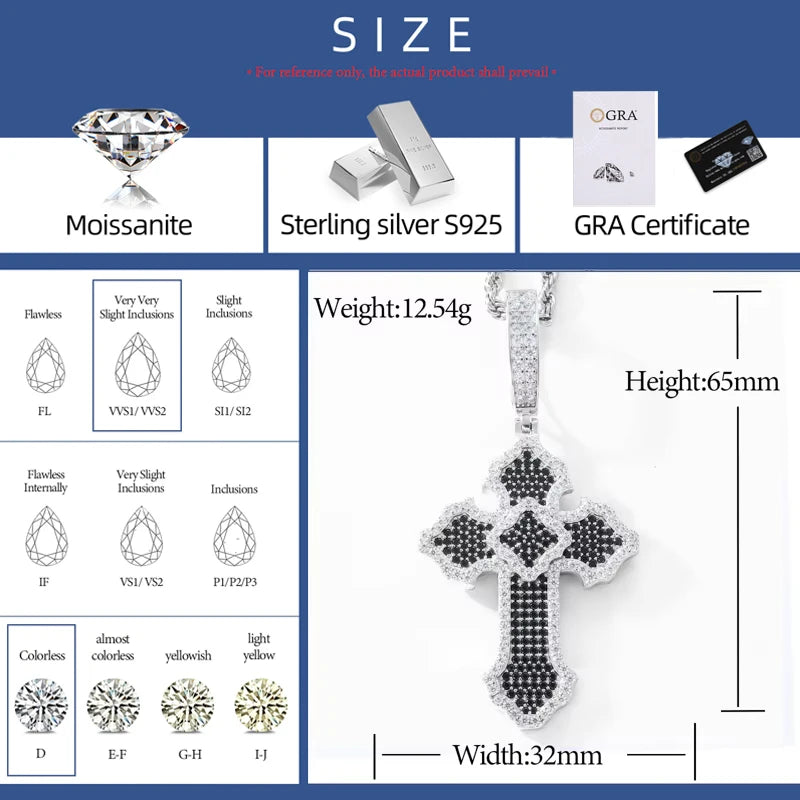 New Personalized Iced Out Moissanite Cross Pendant Necklace 925 Sterling Silver Religious Charm Hip Hop Jewelry Plated 18K Gold