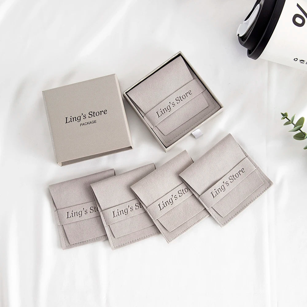 24Sets Personalized Custom Logo Jewelry Gift Box with High Quailty Microfiber Velvet Envelope Bag Rings Earrings Organizer Pouch