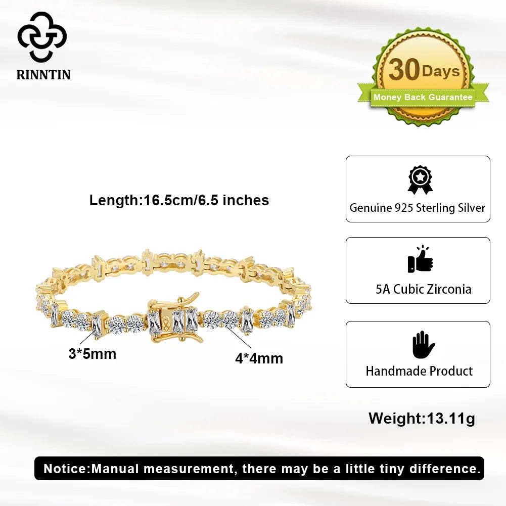 Rinntin 14K Gold Plated Hip Hop AAAAA Cubic Zirconia Tennis Bracelet 925 Sterling Silver 2025 Sparkling Crystal Jewelry SB208