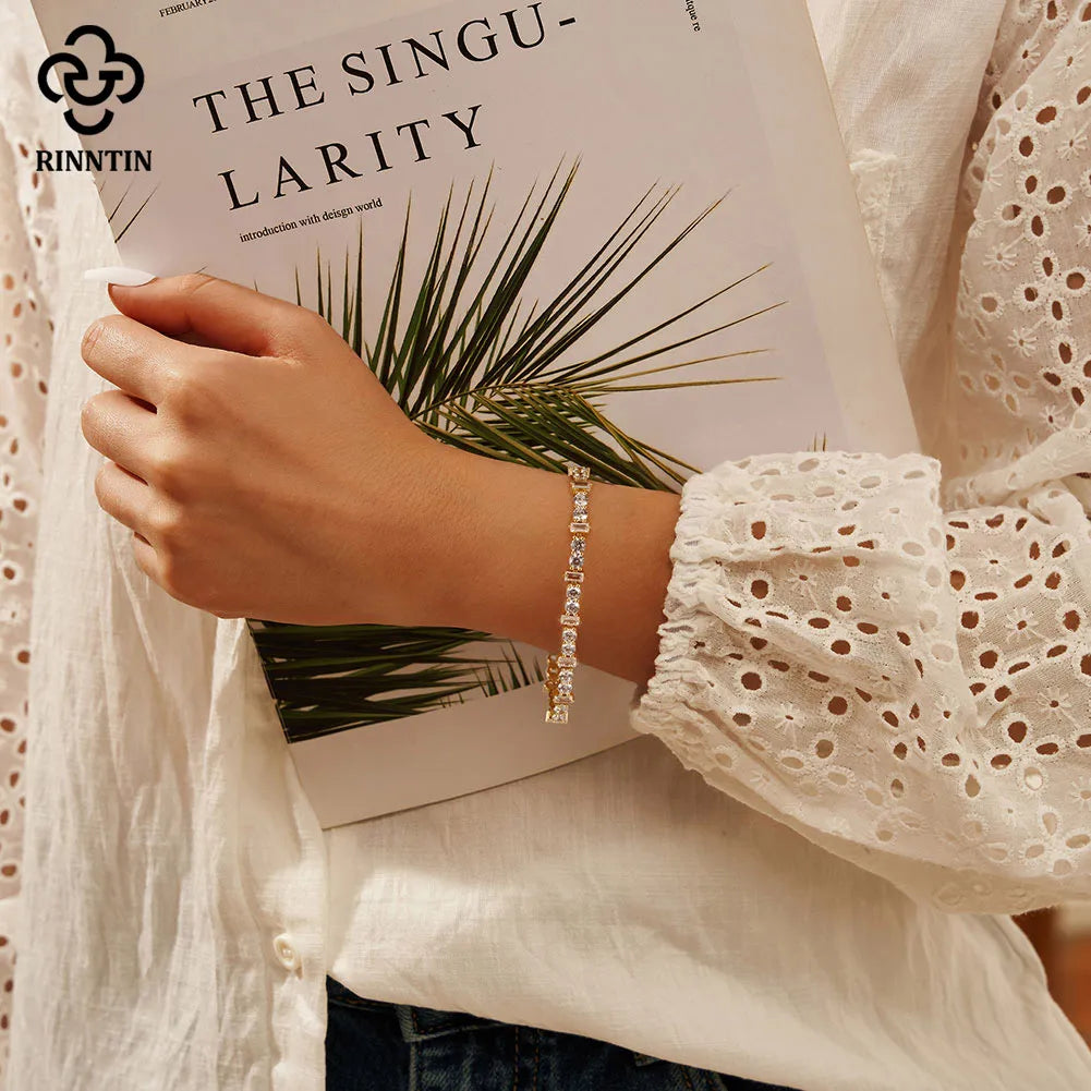 Rinntin 14K Gold Plated Hip Hop AAAAA Cubic Zirconia Tennis Bracelet 925 Sterling Silver 2025 Sparkling Crystal Jewelry SB208