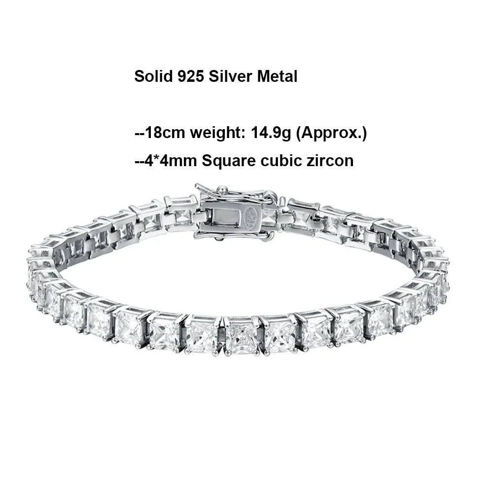 YLMyself Bracelet 925 Silver 4x4mm Square Cubic Zirconia Pave Full Chain 15-21CM Unisex Jewelry Gift For Men Women