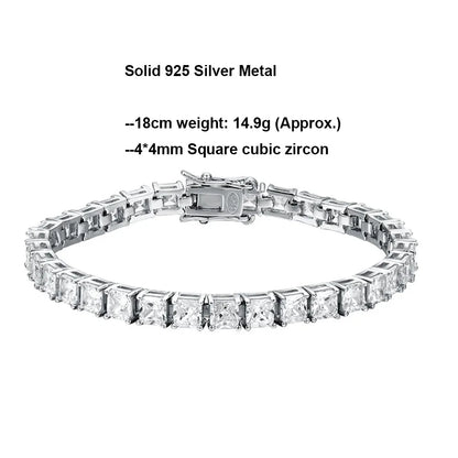 YLMyself Bracelet 925 Silver 4x4mm Square Cubic Zirconia Pave Full Chain 15-21CM Unisex Jewelry Gift For Men Women