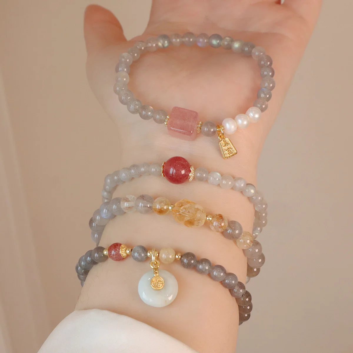 6MM Gray Moonstone Bracelet with Citrine&Strawberry Quartz, Freshwater Pearl Beaded Elastic Jewelry, Boho Healing Gift for Women